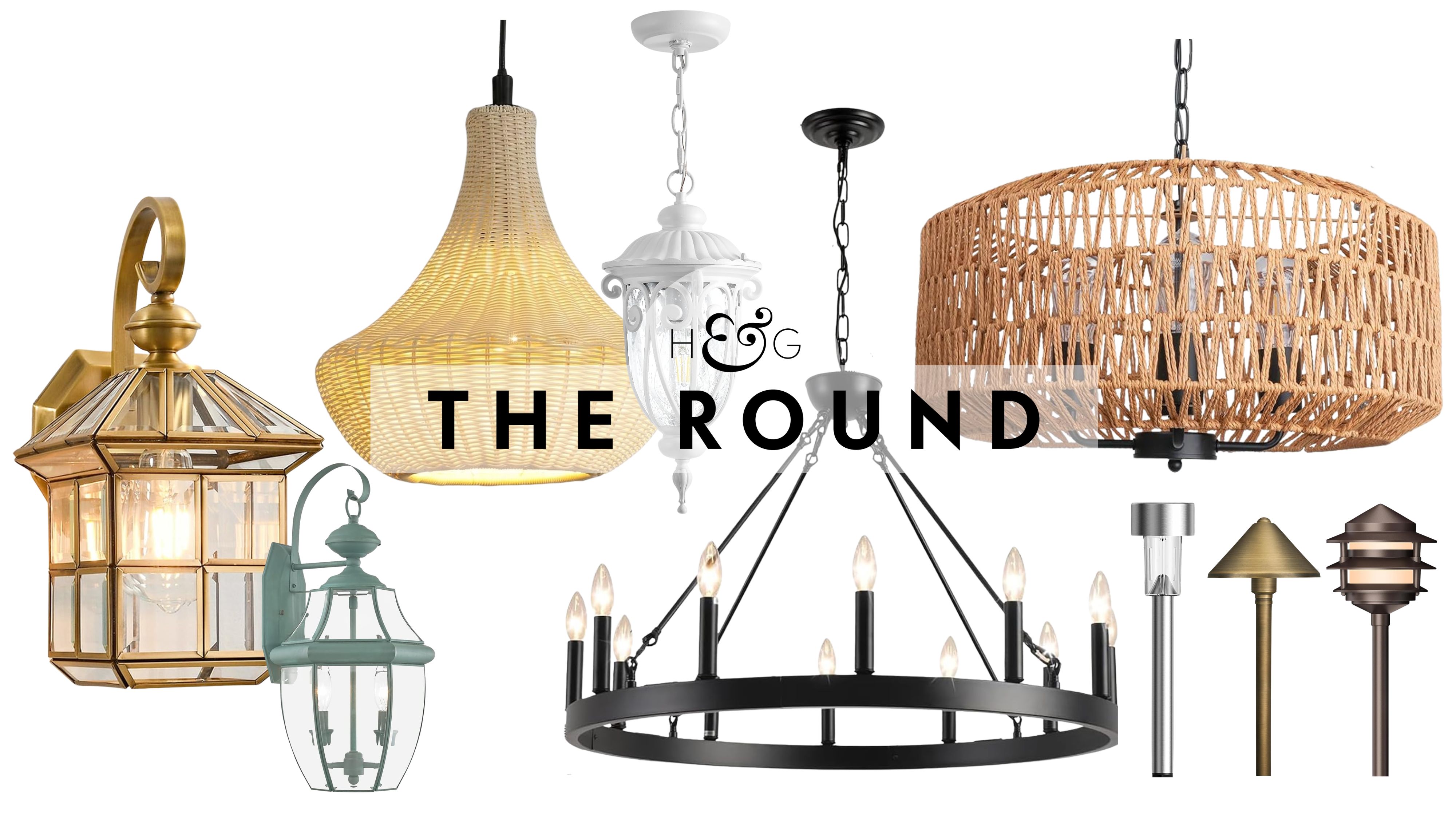 Best Amazon outdoor lighting, spanning antique-style wall lights, woven plastic rattan pendants, and solar brass pathway lights, pictured against a white background