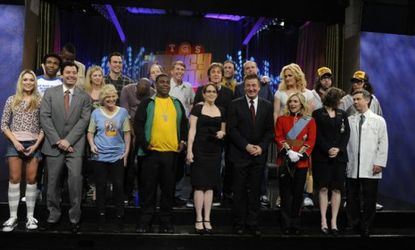 The cast of "30 Rock," peppered with A-list stars including Amy Poehler, Paul McCartney, and Jon Hamm, after one of Thursday's live broadcasts. 