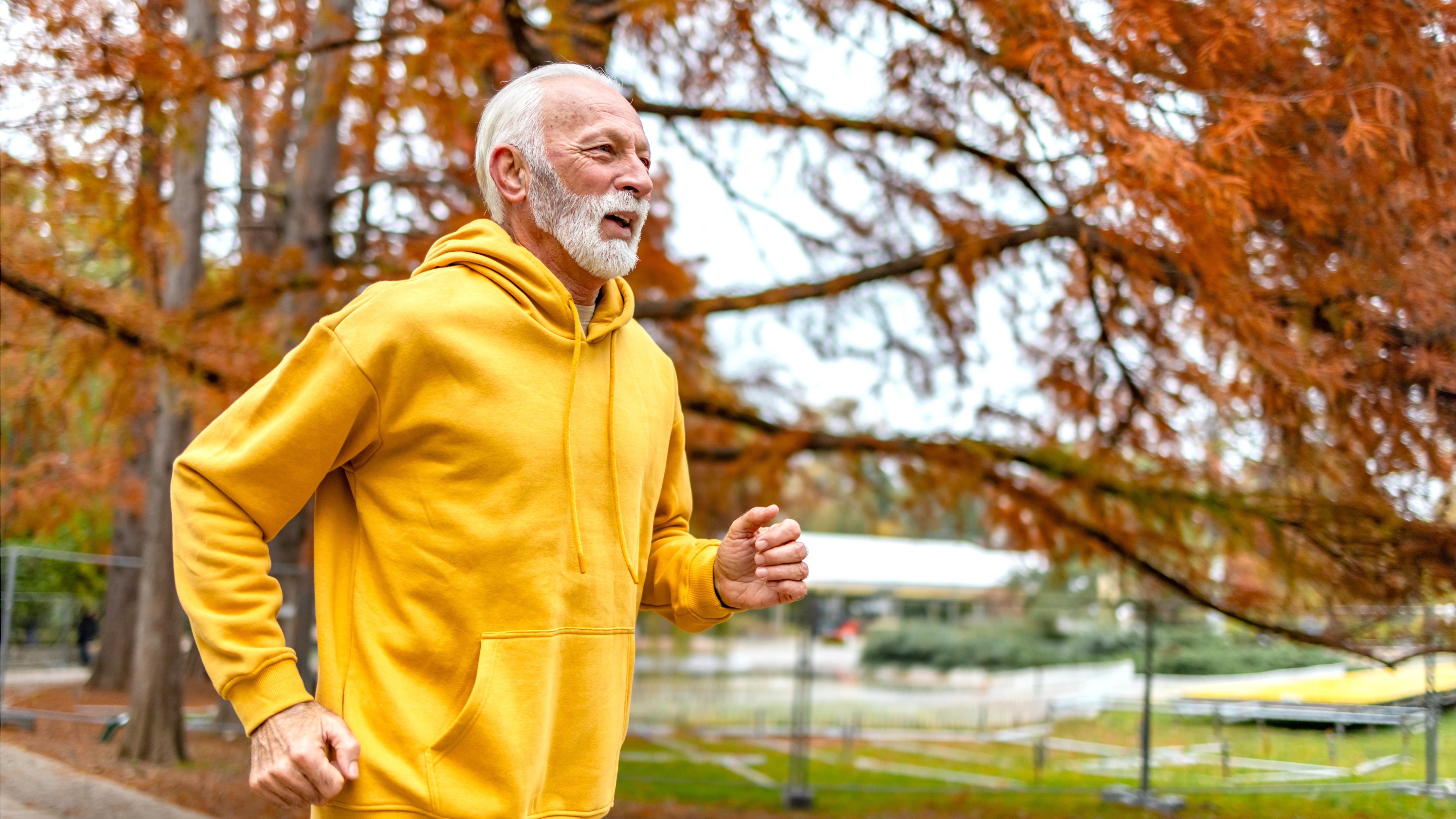 Man with a grey beard wearing a yellow hoodie running outside past some trees during fall
