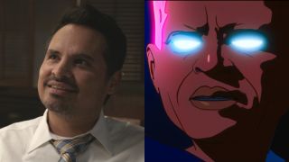 Michael Peña in Ant-Man and the Wasp and The Watcher in What If, pictured side-by-side.