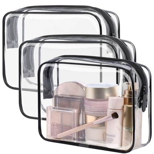 Packism Tsa Approved Toiletry Bag - Clear Makeup Bag Waterproof Quart Size Bag, Travel Makeup Cosmetic Bag for Women Men, Carry on Airport Airline Compliant Bag, 3 Pack, Black