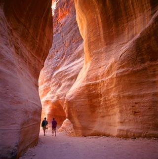 The Siq, a narrow slot canyon, serves as the entrance passage to the hidden city of Petra.