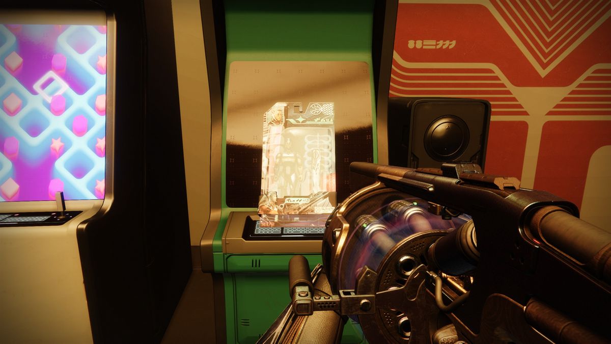 Destiny 2 action figure on arcade machine