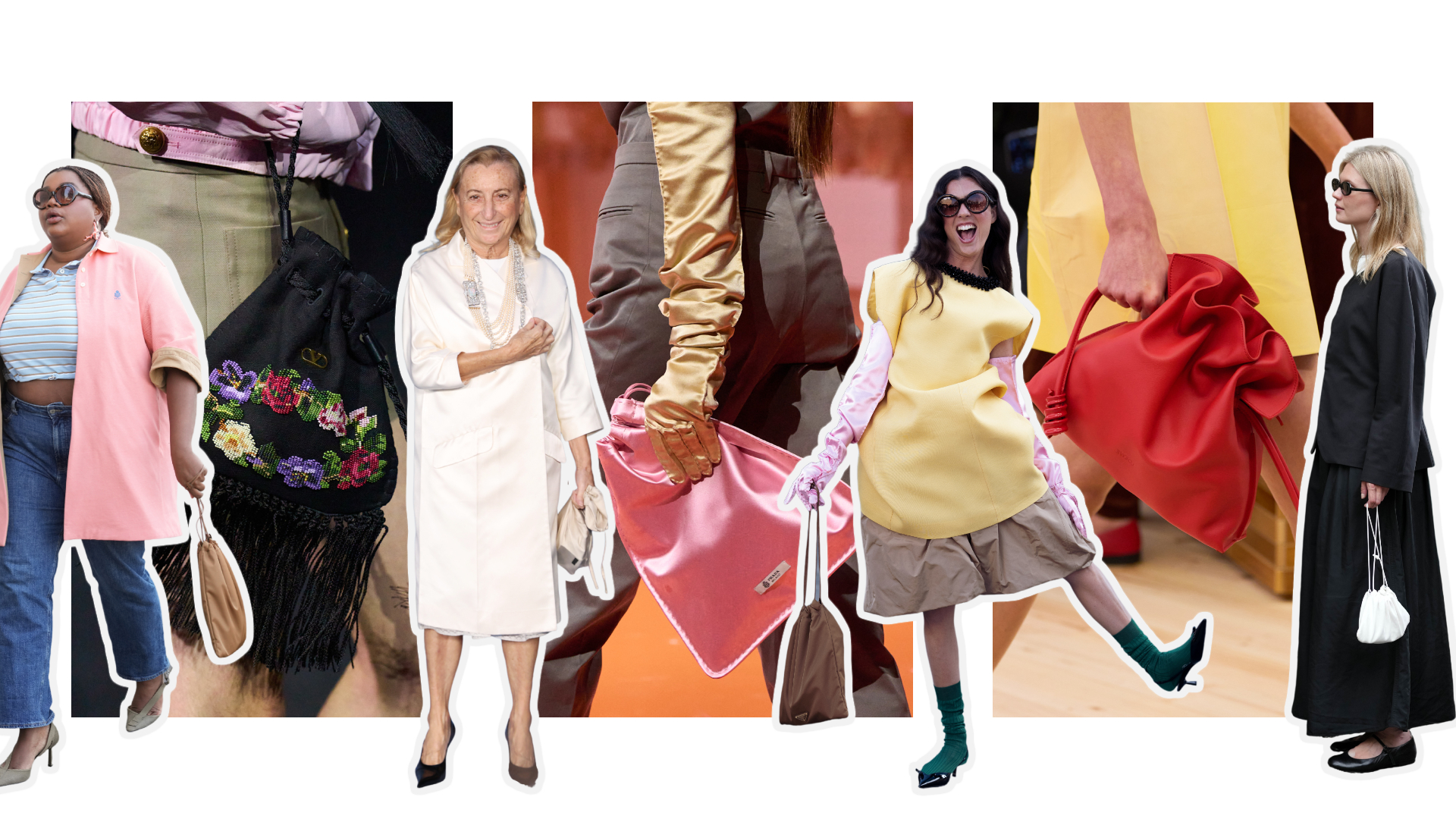 a collage of the Spring 2026 pouch bag trend at Valentino, Prada, and Loewe, at women at Fashion Week, and Miuccia Prada