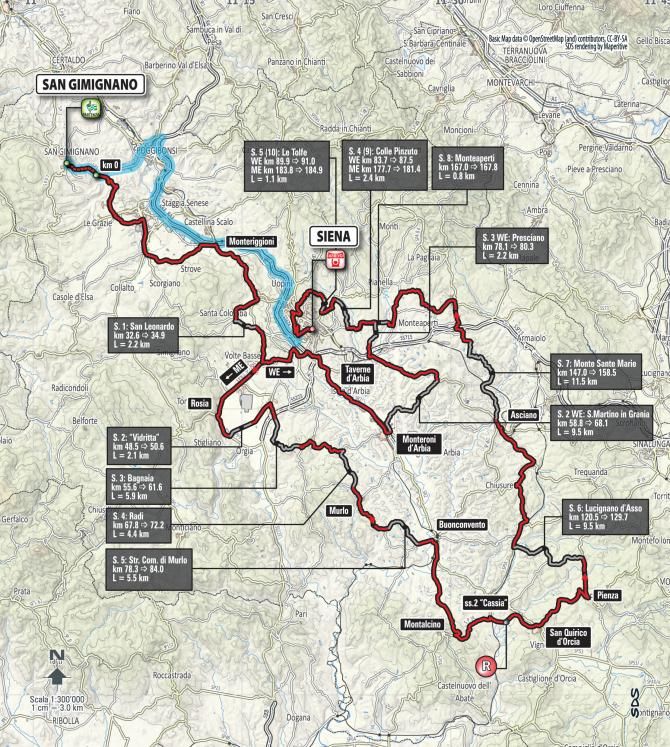A combined map of the men's and women's 2015 Strade Bianche race route