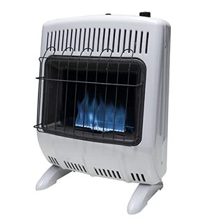 A small white propane heater with a blue flame element. 