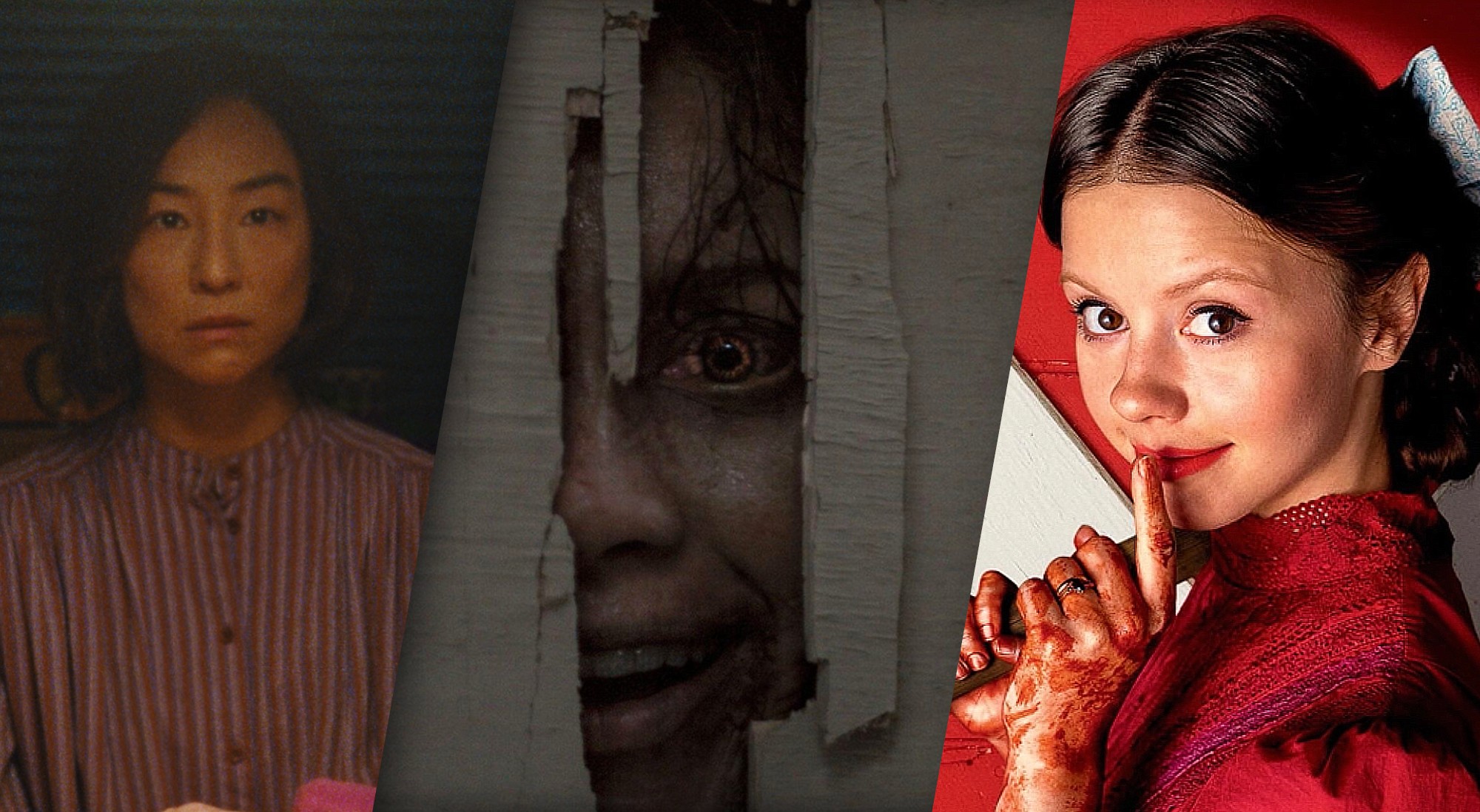 (From L to R) Greta Lee as Ann in The Last House on Netflix; Ellen Sandweiss as Cheryl Williams in Evil Dead Burn; and Mia Goth as Pearl in Pearl on Hulu