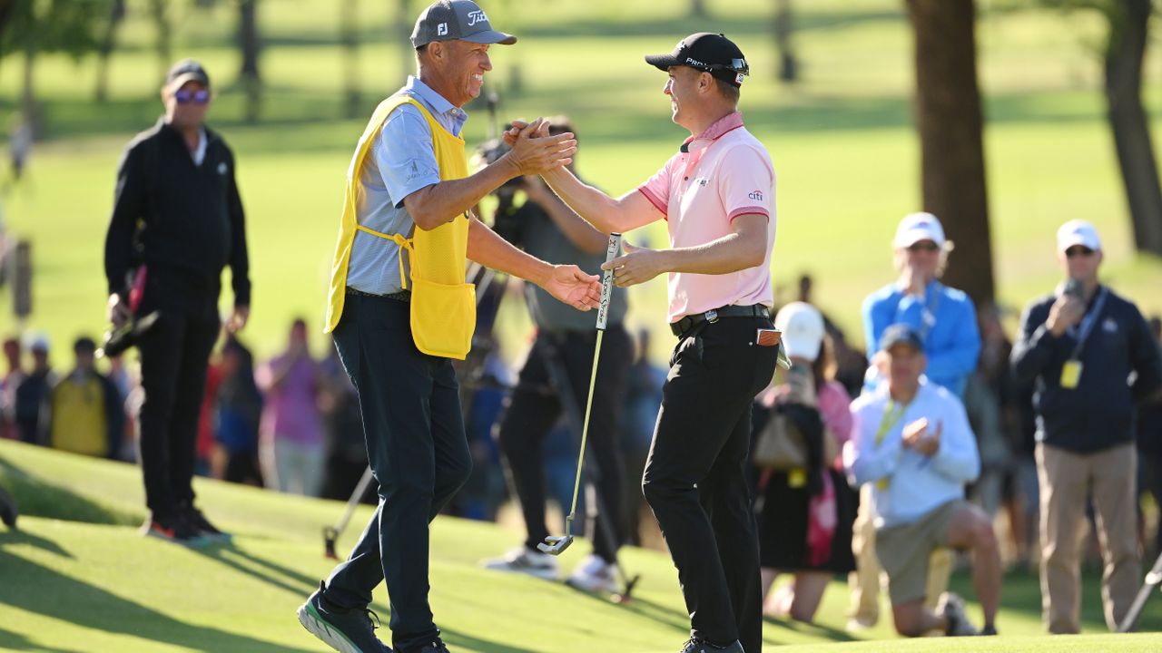 Bones Mackay and Justin Thomas celebrate winning the PGA Championship at Southern Hills Country Club in Tulsa, Oklahoma