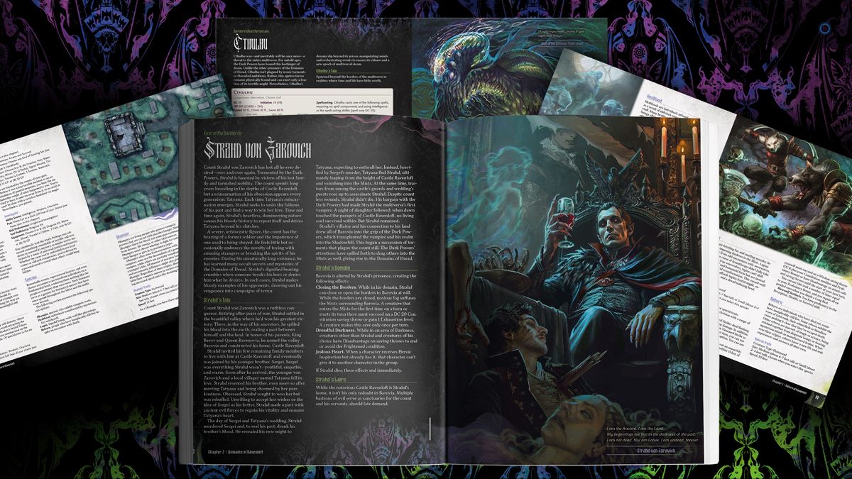 Pages from Ravenloft: The Horrors Within spread out on a gothic background