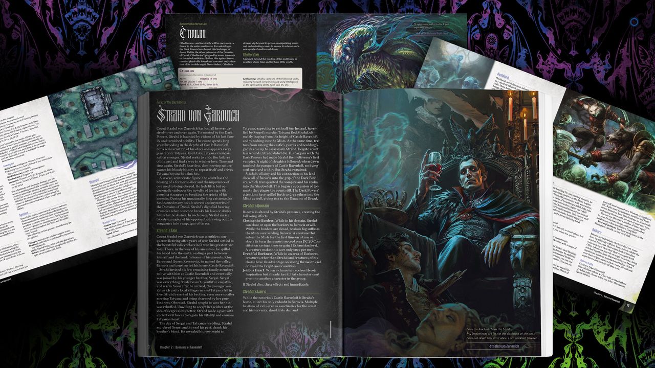 Pages from Ravenloft: The Horrors Within spread out on a gothic background