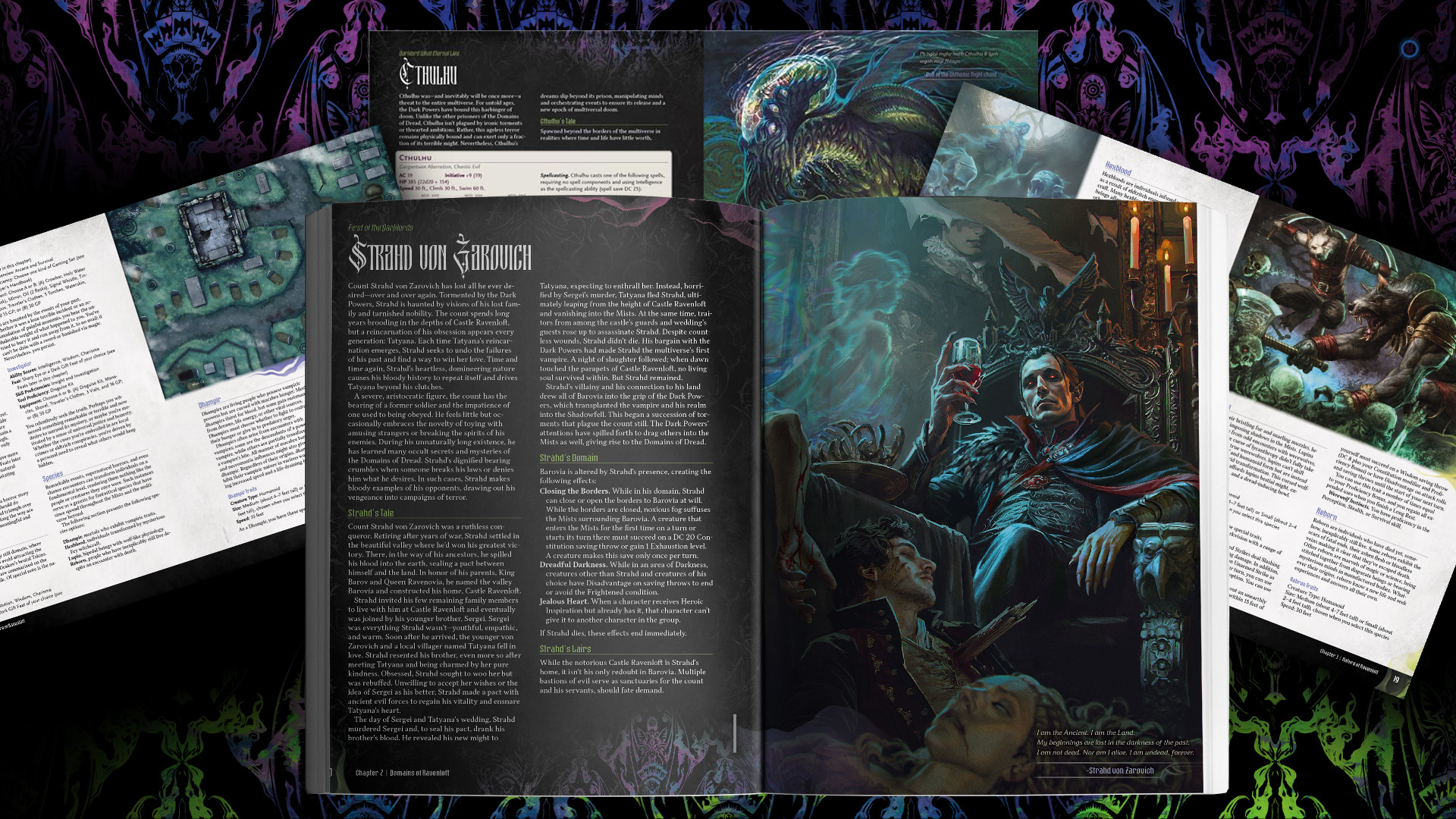 Pages from Ravenloft: The Horrors Within spread out on a gothic background