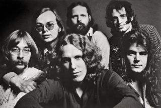The first-album line-up of the Dan in mid-’72, with soon-to-be-gone vocalist David Palmer, front centre