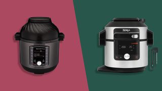 The Instant Pot Pro Crisp on a pink background on the left hand side, and the Ninja Foodi Max 15-in-1 SmartLid Multi-cooker on a green background on the right hand side