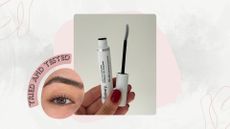 Image of hand holding The Ordinary Lash Curl Finisher open with its wand, on a white marble background with a pink 'tried and tested' banner, a circular photo of Sennen's lashes after using The Ordinary Lash Curl Finisher, with pink swirls