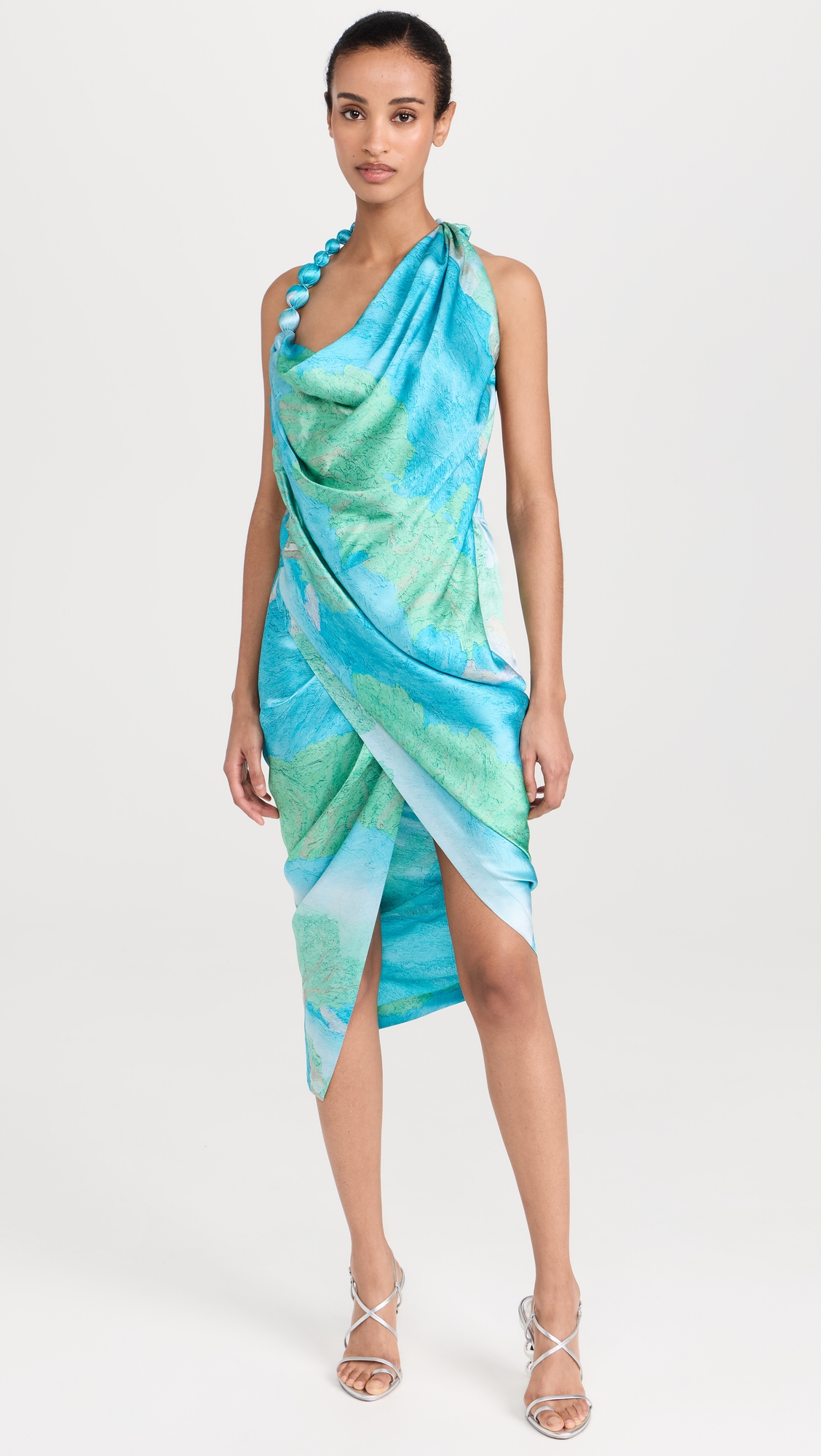 sleeveless wrap dress in blue and green
