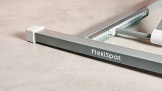 A close-up of the Flexispot logo on the supporting leg.