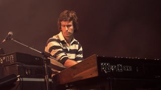 British Pop and Rock musician Tony Banks of the group Genesis performs onstage at the Poplar Creek Music Theater, Hoffman Estates, Illinois, October 2, 1982. (Photo by Paul Natkin/Getty Images)