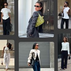 a collage of showing what shoes to wear with wide-leg pants