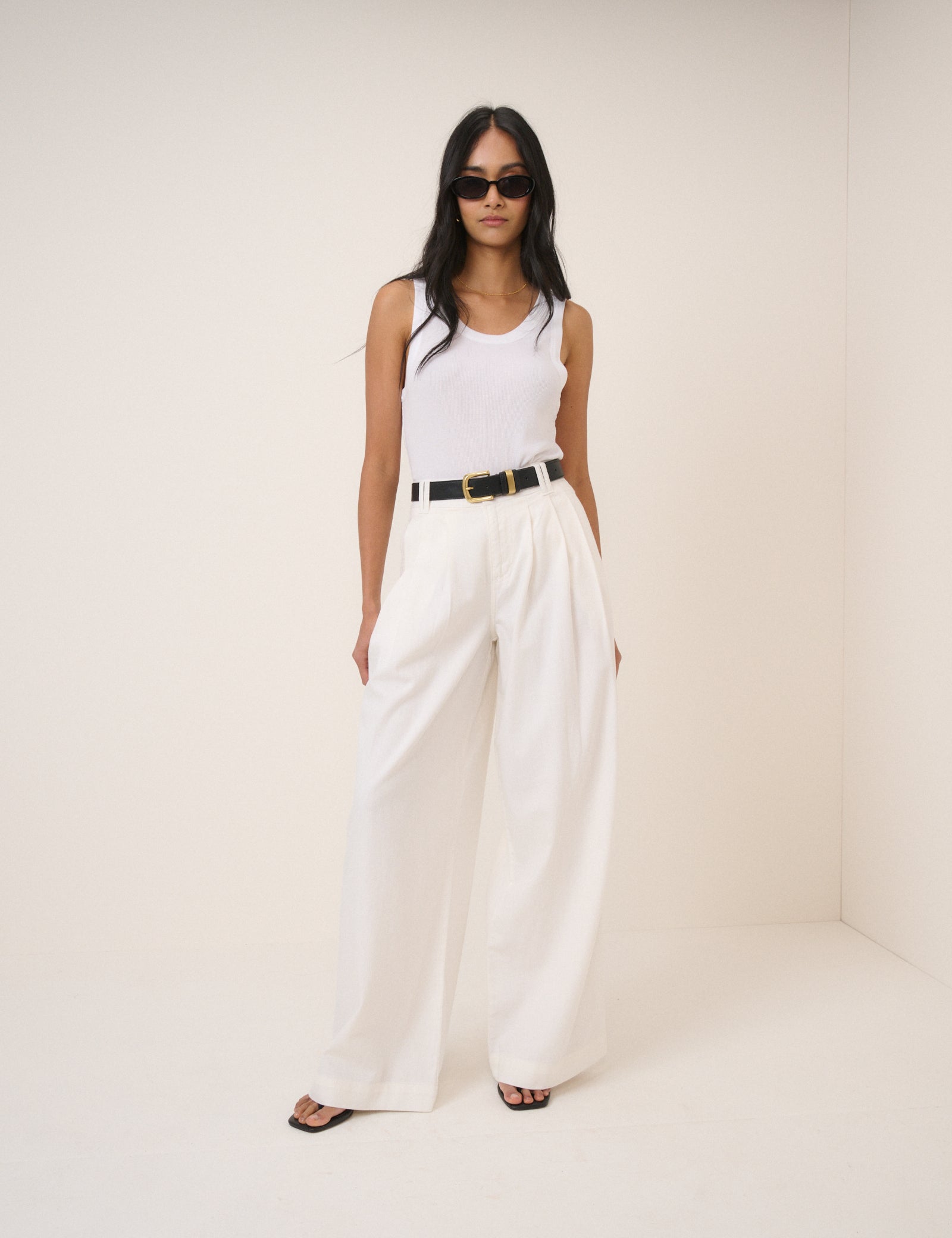 White Pleated Wide Leg Trousers