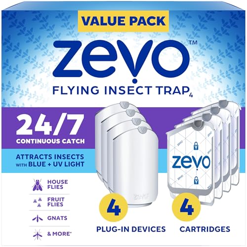 Zevo 4 Flying Insect Traps & 4 Cartridges - Plug in Fly Trap & Indoor Bug Catcher for Gnats, House & Fruit Flies - Mess-Free - Use in Any Room - Uses Blue & Uv Light (4 Plug in Devices & 4 Cartridges)
