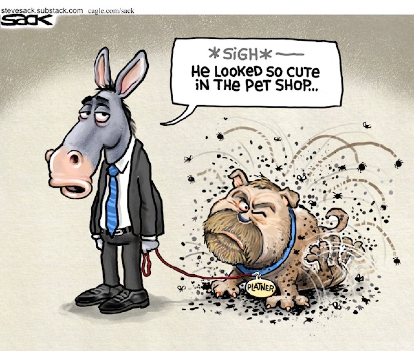 A sad-looking donkey in a suit holds a leash that is attached to an angry, bulldog-like Graham Platner who is kicking up dirt and covered in fleas. The donkey sighs and says, &amp;ldquo;He looked so cute in the pet shop&amp;hellip;&amp;rdquo;