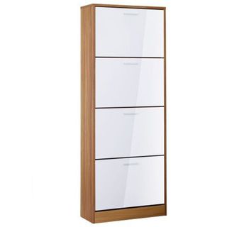 Strand Shoe Storage Unit, natural wood unit with four large white fold out doors