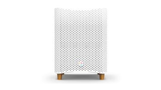 Mila Air Purifier review: an image showing the white purifier with brown wooden feet