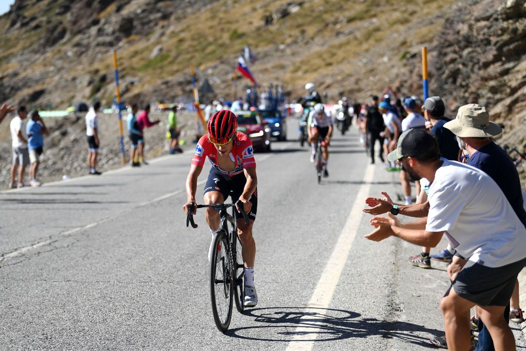 SIERRA NEVADAGRANADA SPAIN SEPTEMBER 04 Remco Evenepoel of Belgium and Team QuickStep Alpha Vinyl Red Leader Jersey competes during the 77th Tour of Spain 2022 Stage 15 a 1526km stage from Martos to Sierra Nevada Granada 2507m LaVuelta22 WorldTour on September 04 2022 in Sierra Nevada Spain Photo by Justin SetterfieldGetty Images