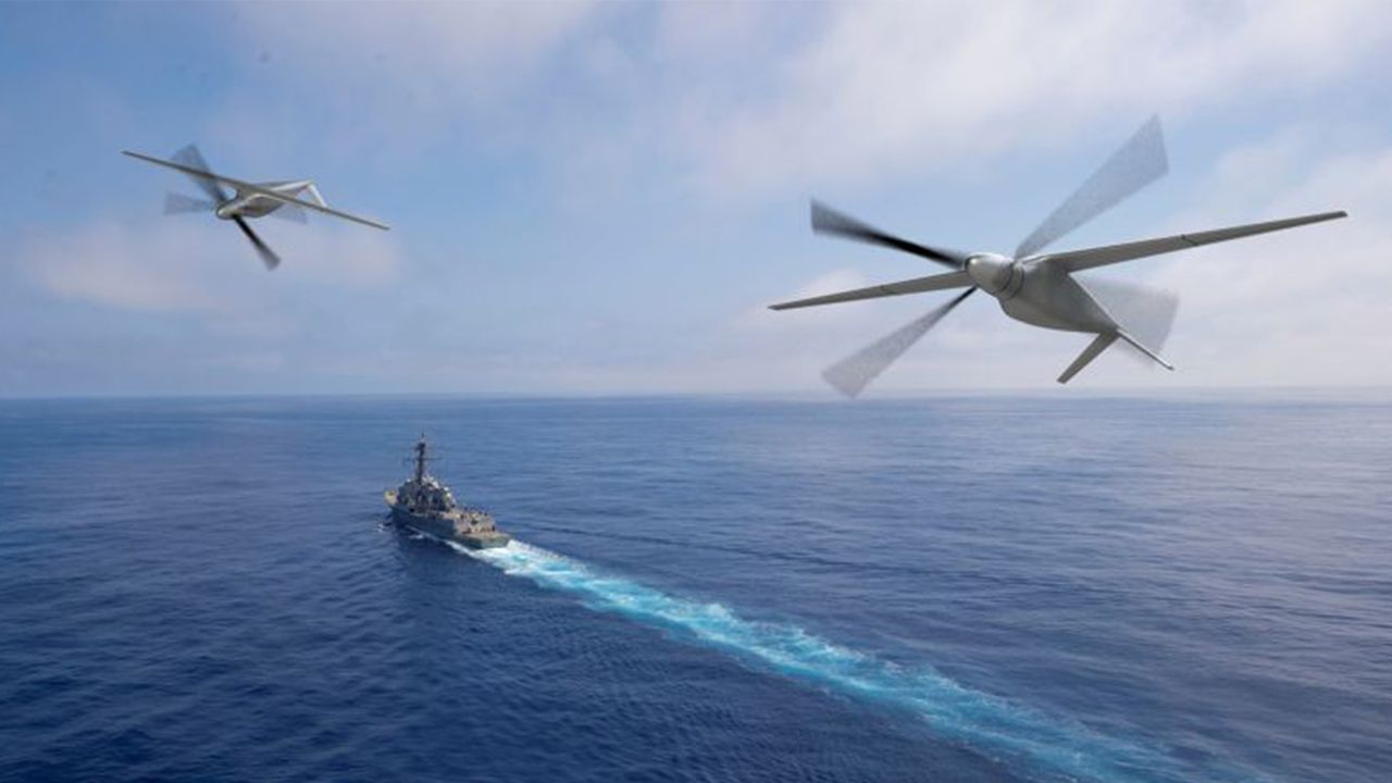 Illustration of two unmanned aircrafts mid-flight above open water with boat in the distance.