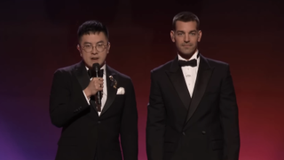Bowen Yang and Matt Rogers welcoming people to the Las Culturistas Culture Awards 2025