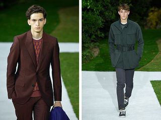 Male models wearing grey and burgundy clothes from the Berluti SS 2015 collection