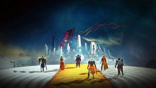 Destiny 2 The Desert Perpetual raid release date: Six diverse Guardians standing on a ledge overlooking a ruin with various white pillars as part of The Edge of Fate raid.