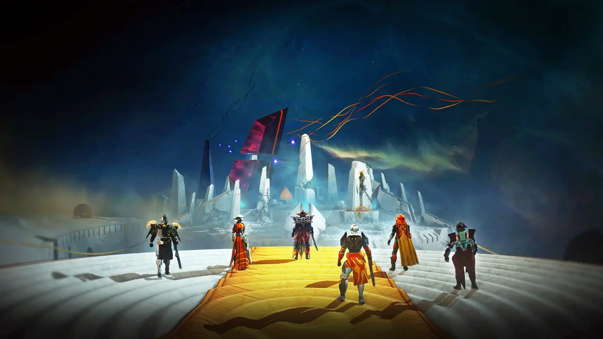Destiny 2 The Desert Perpetual raid release date: Six diverse Guardians standing on a ledge overlooking a ruin with various white pillars as part of The Edge of Fate raid.