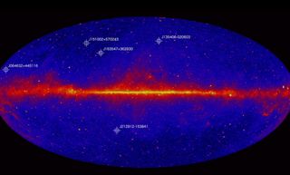 NASA's Fermi Gamma-ray Space Telescope has detected the five most distant gamma-ray blazars ever (their locations are seen here in a NASA video still). The light from the blazars dates back to when the universe was between 1.9 and 1.4 billion years old. 
