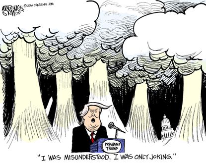 Political cartoon U.S. Donald Trump President misunderstood joking incendiary