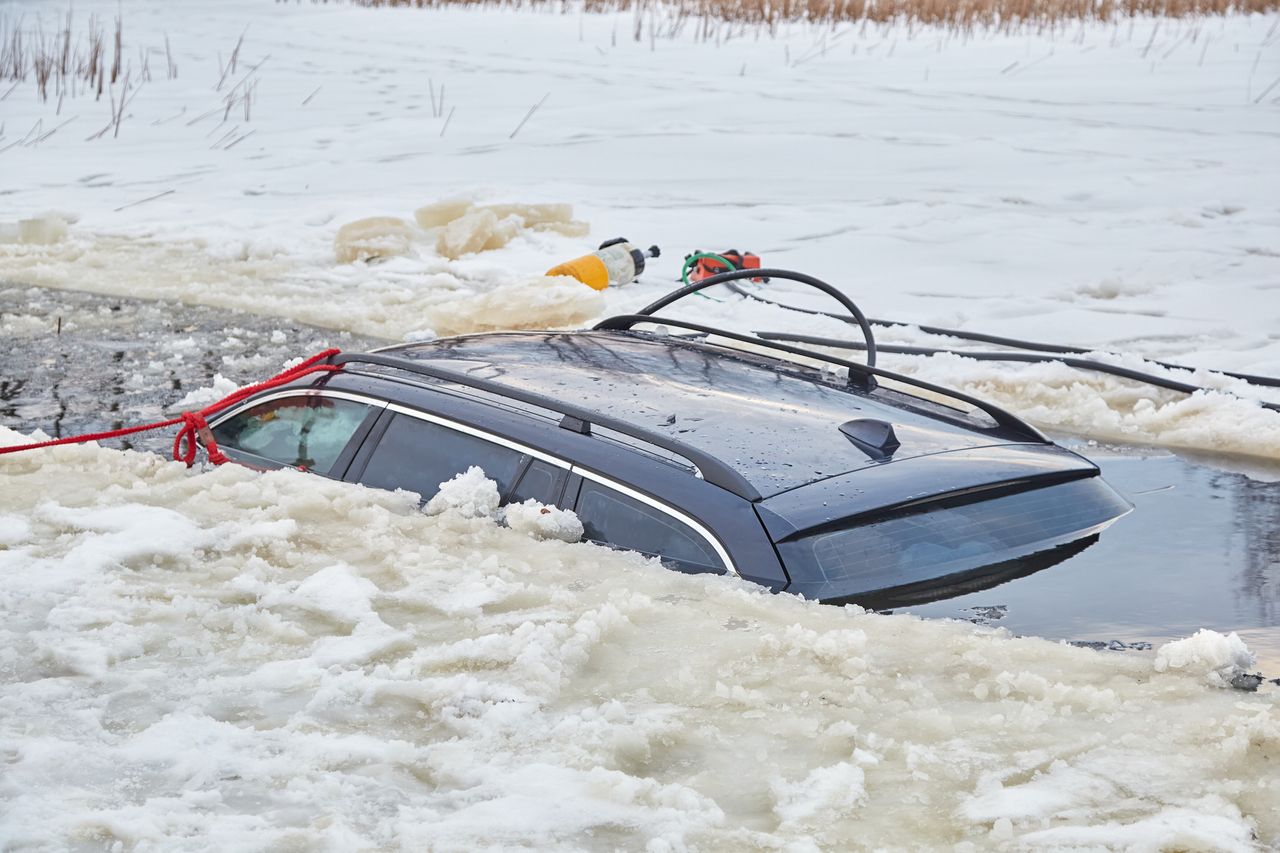 A car in water.