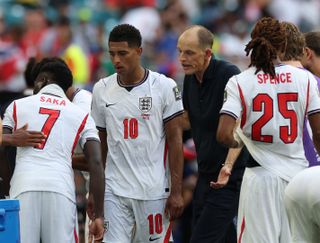 MIAMI GARDENS, FLORIDA - JULY 11: Thomas Tuchel, head coach of England, and Jude Bellingham of England are seen during the FIFA World Cup 2026 Quarter Final match between Norway and England at Miami Stadium on July 11, 2026 in Miami Gardens, Florida. (Photo by Ian MacNicol/Getty Images)