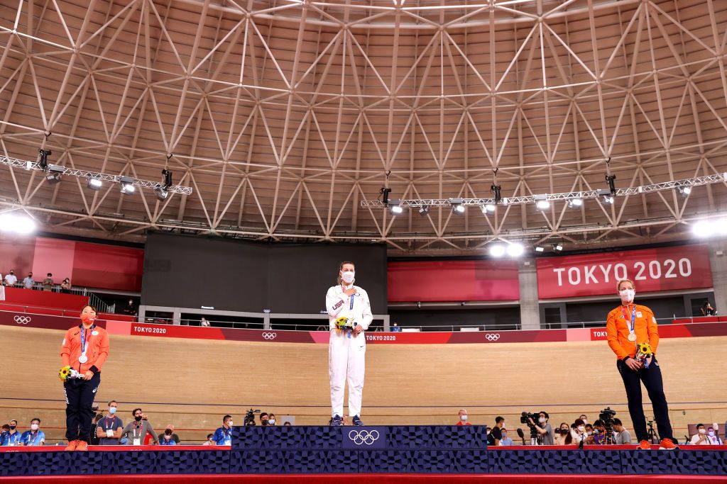 IZU JAPAN AUGUST 08 LR Silver medalist Yumi Kajihara of Team Japan gold medalist Jennifer Valente of Team United States and bronze medalist Kirsten Wild of Team Netherlands pose on the podium during the medal ceremony after the Womens Omnium finals of the track cycling on day sixteen of the Tokyo 2020 Olympic Games at Izu Velodrome on August 08 2021 in Izu Shizuoka Japan Photo by Justin SetterfieldGetty Images