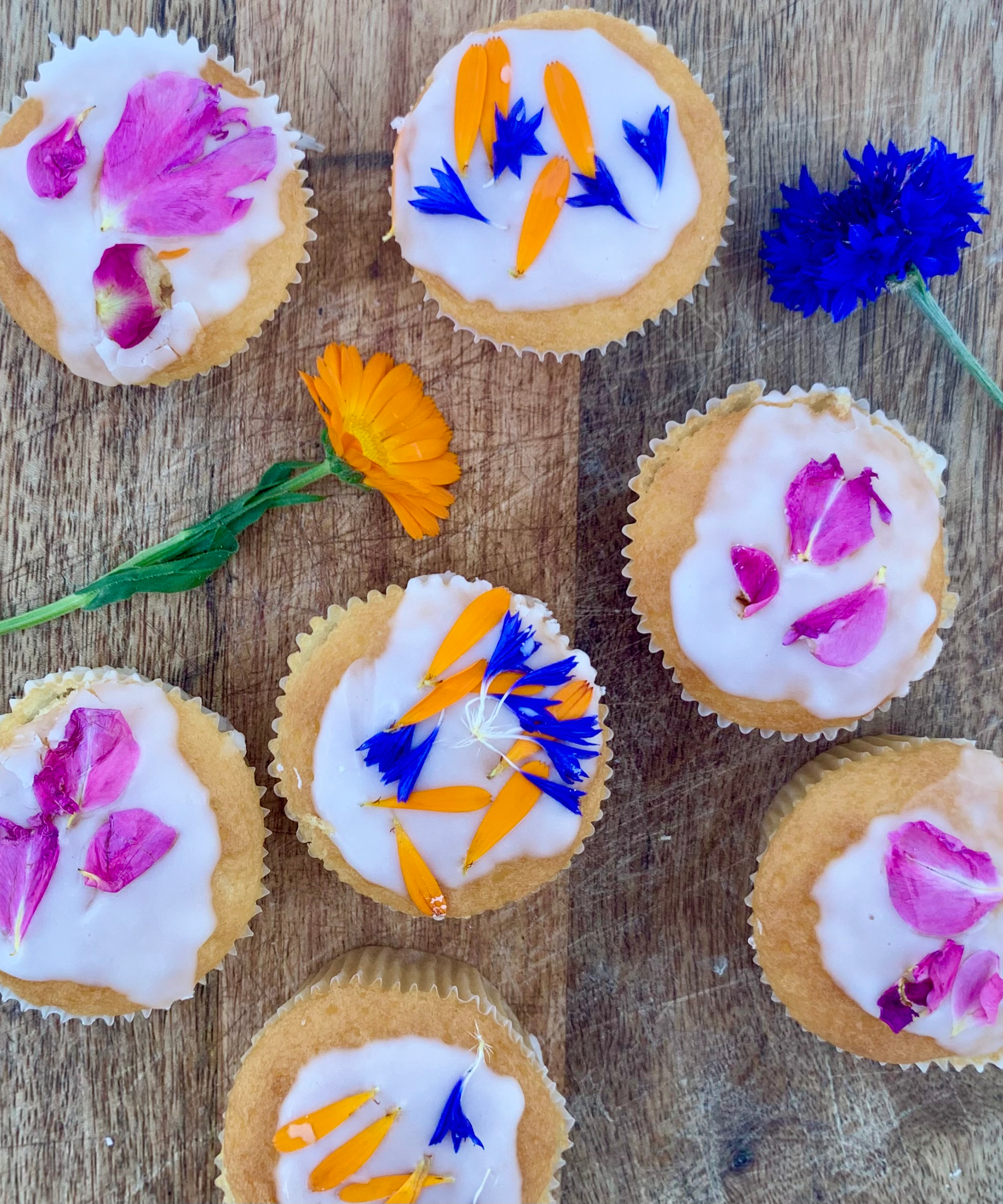 edible calendula petals on cupcakes
