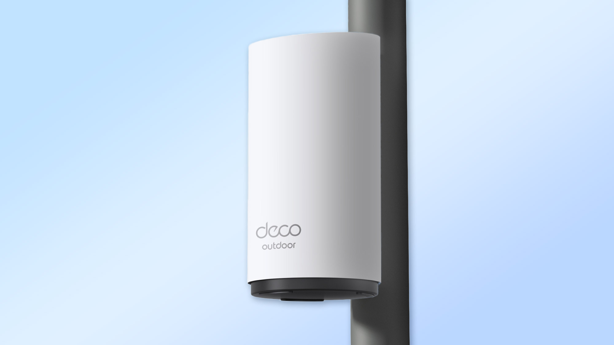 Product shot of the TP-Link Deco BE65-Outdoor mounted on a pole