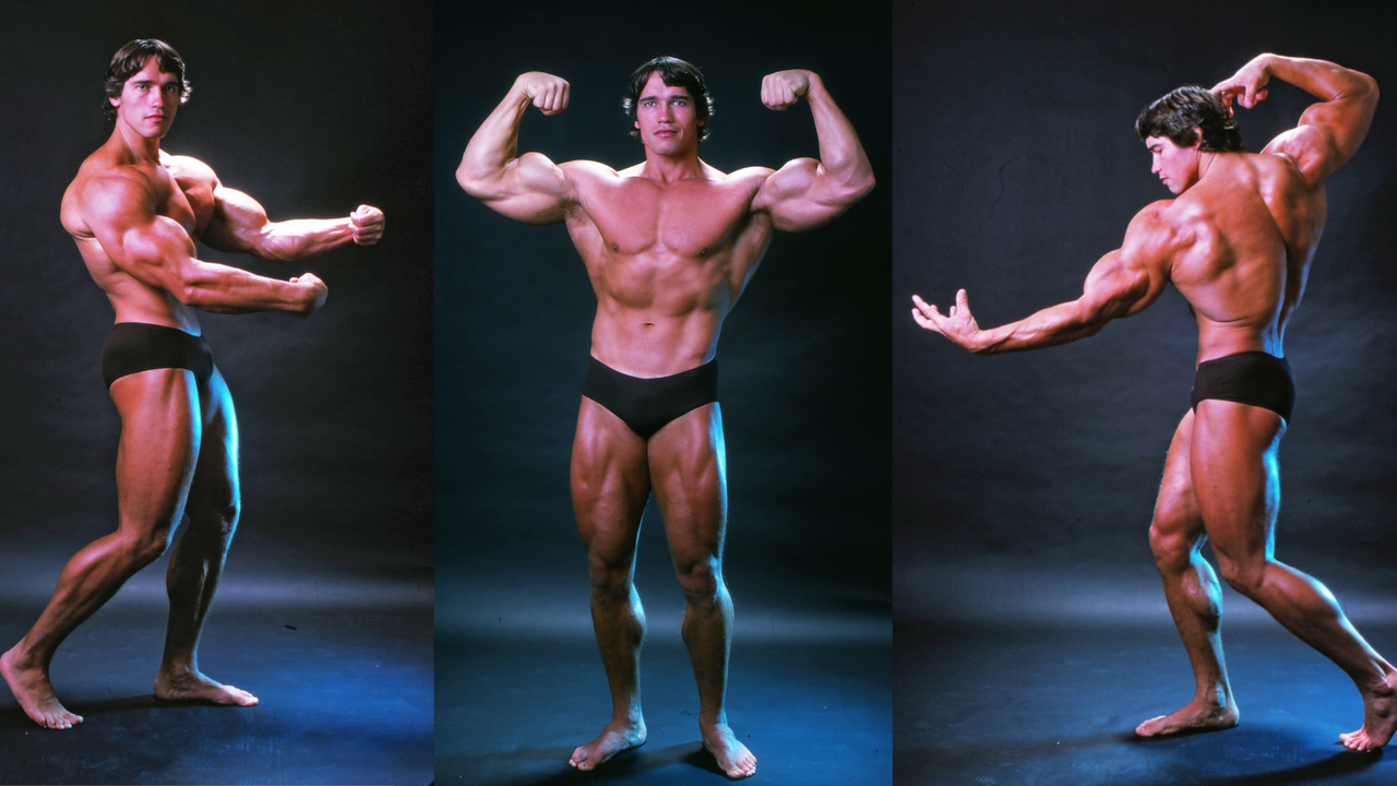 Professional bodybuilder Arnold Schwarzenegger posing at the top of his form in October 1976. (Photo by Jack Mitchell/Getty Images)