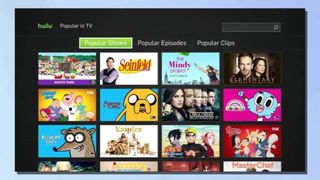 A screenshot of the Hulu app interface on a Samsung smart TV, against a blue background