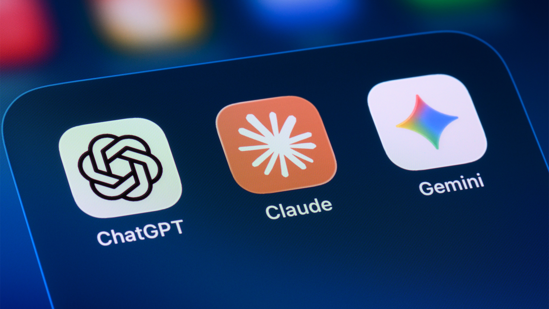 App symbols for ChatGPT and Claude, developed by OpenAI and Anthropic, pictured on a smartphone screen, with Google Gemini app symbol also featured.