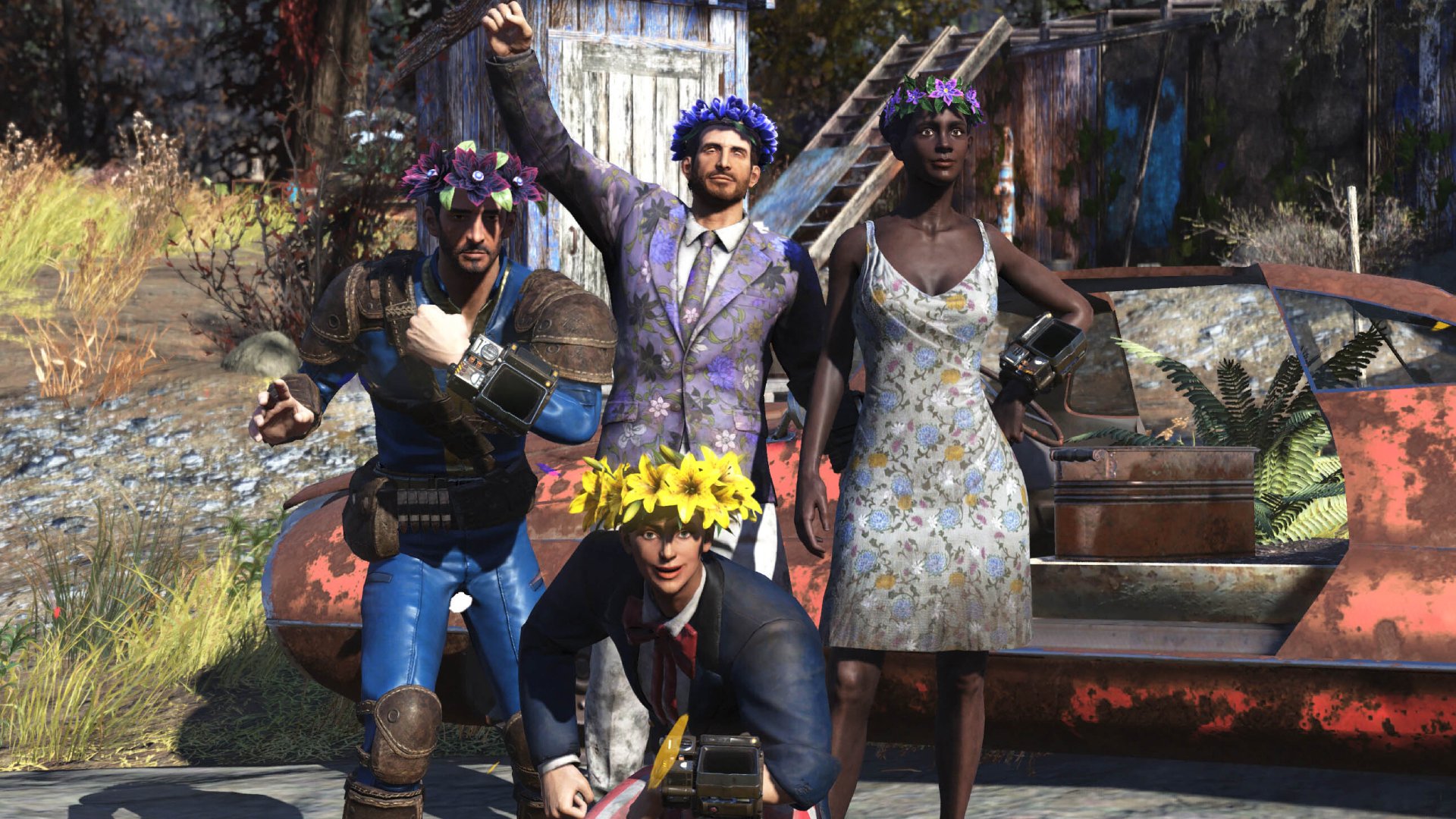 A group of players with flower crowns