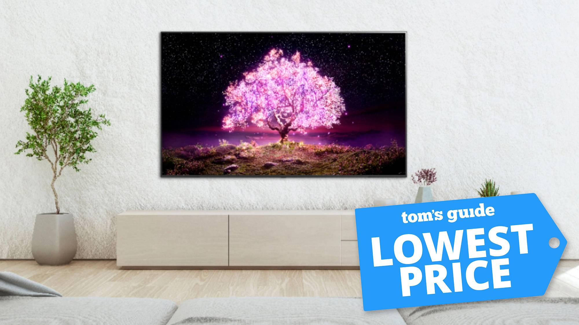 LG C1 OLED TV con una etiqueta de oferta de Tom's Guide