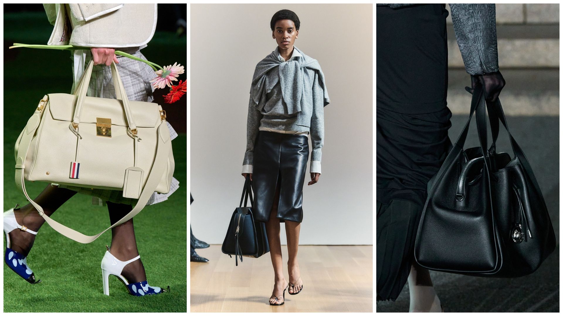bowler bags on the spring 2027 runways of thom browne, brandon maxwell, and luar