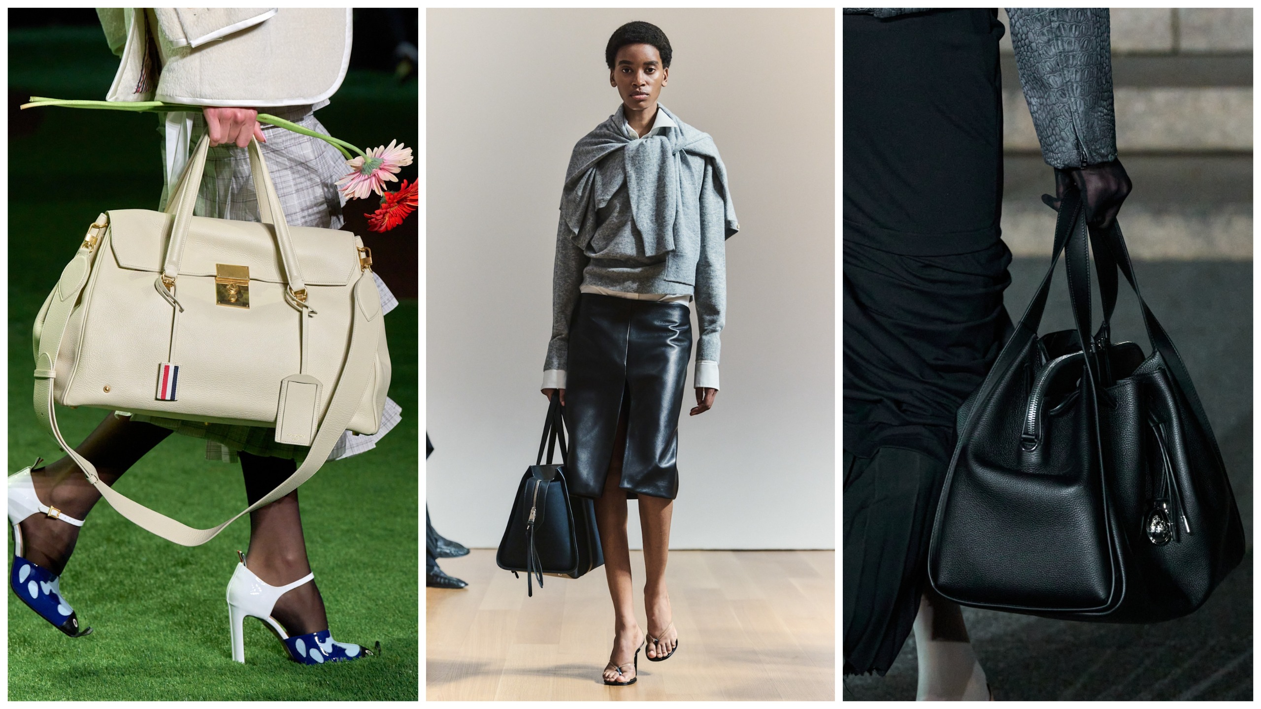 bowler bags on the spring 2027 runways of thom browne, brandon maxwell, and luar