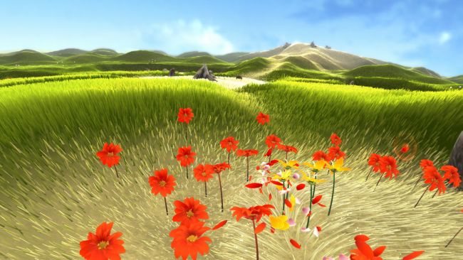 Ett soligt fält med röda blommor i spelet Flower.