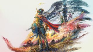 Key art for Dragon Quest 1 & 2 HD Remake showing two heroes looking out across a grass field and snowy plain, from the PlayStation Store