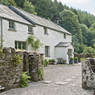 home with white wall and stone